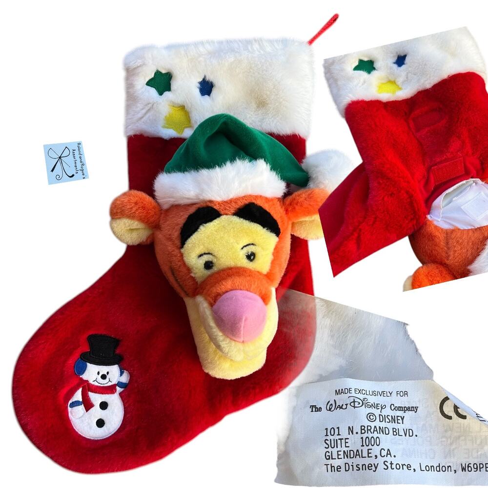 Disney Winnie the Pooh Green Santa Hat Tigger Plush Head Stocking As-is